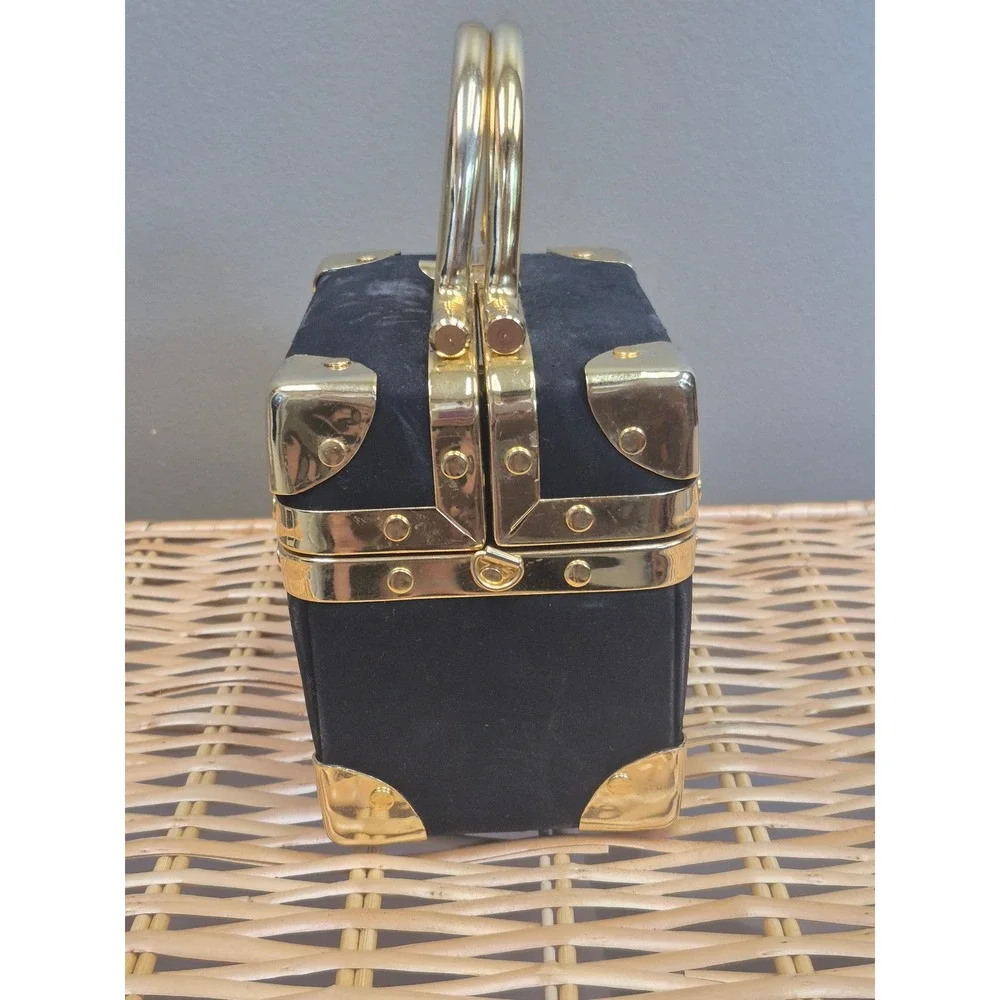 La Regale Vintage Black Velvet Trunk Box Bag Gold Hardware Evening Purse Handbag